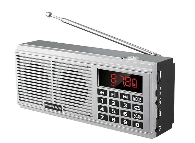 Radio estéreo portátil AM/FM L-518 (plateada) con graves ultraprofundos, multifuncional, batería recargable de 1200 mAh