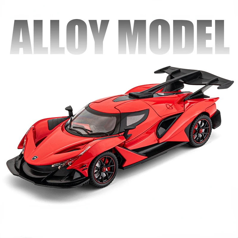 (Rojo) Coche deportivo en miniatura a escala 1/24, fabricado en aleación de metal fundido a presión, con funciones de sonido y luz.