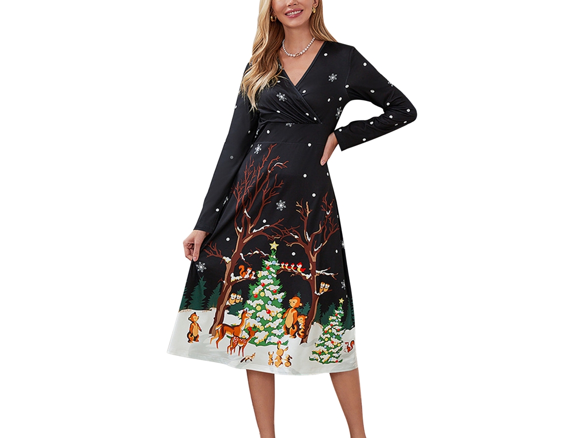Vestido longo de Natal feminino Rebe com estampa, decote em V, mangas compridas, cintura ajustada, estilo casual, preto, tamanho XL