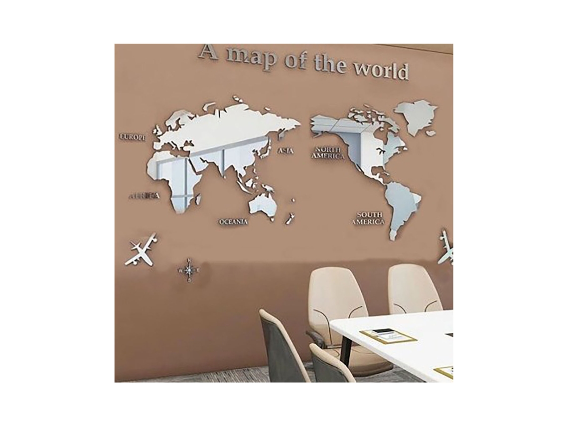 Adhesivo de pared con mapa del mundo en 3D, espejo plateado, Worten