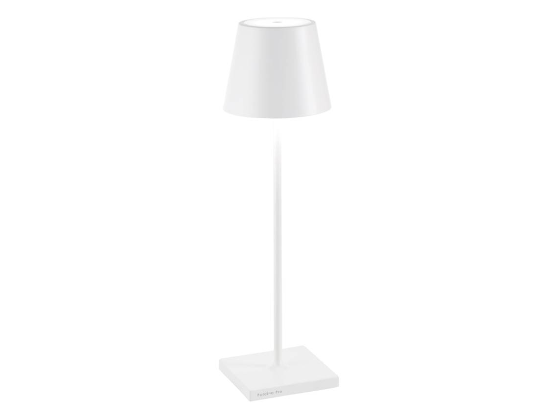 Lámpara de mesa LED blanca Zafferano Poldina Pro, recargable, regulable, hasta 12 horas de autonomía, protección IP65, apta para exteriores.