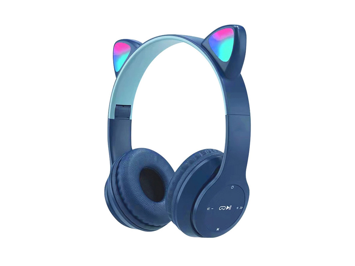 CUICH Orejas De Gato Iluminan Los Auriculares Estudiantes De Dibujos Animados Niños Auriculares Inalámbricos Plegables Azul Oscuro