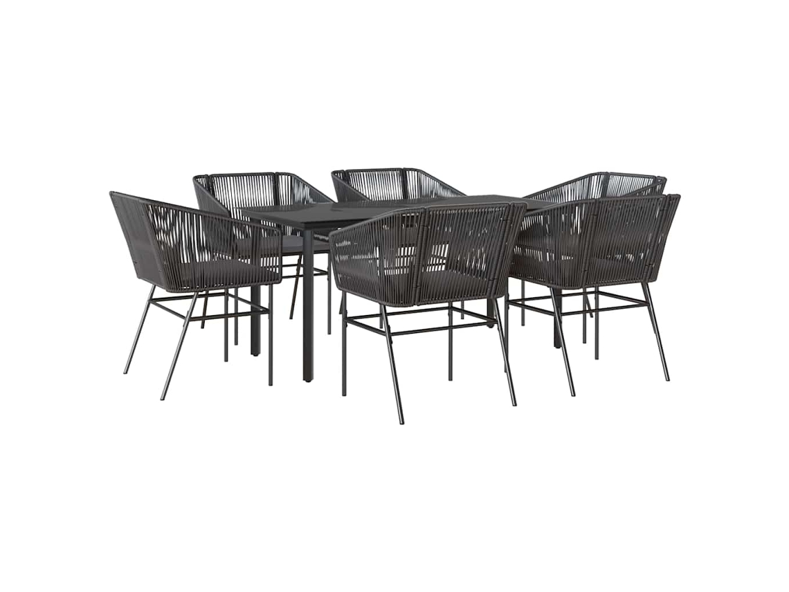 Juego de comedor de jardín de 7 piezas con cojines y tablero de mimbre y cristal, negro, EXCLUSIVO DE LA CASA