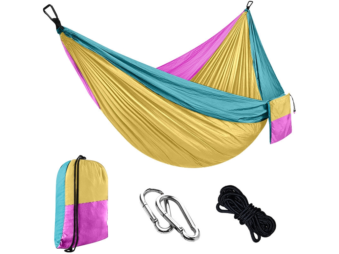 Hamaca Individual Chrui Con Cuerda De 2 M Y Mosquetón, 270 X 140 Cm (azul Cielo, Amarillo Y Rosa)