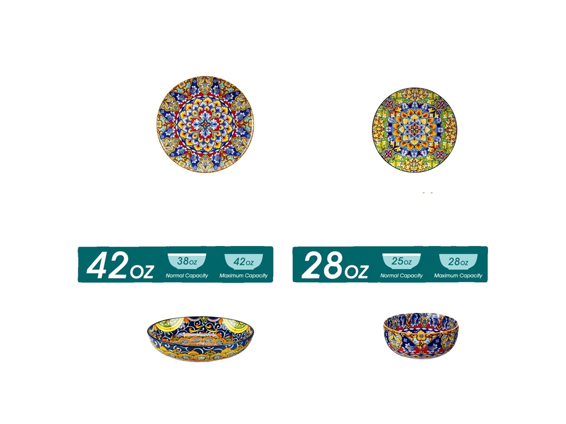 Vajilla de cerámica resistente, diseño bohemio vibrante, 24 piezas (fabricada por el fabricante original).