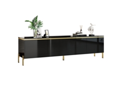 Mueble Tv Moderno - 4 Puertas, Alto Brillo, Almacenamiento, Borde Dorado - Negro
