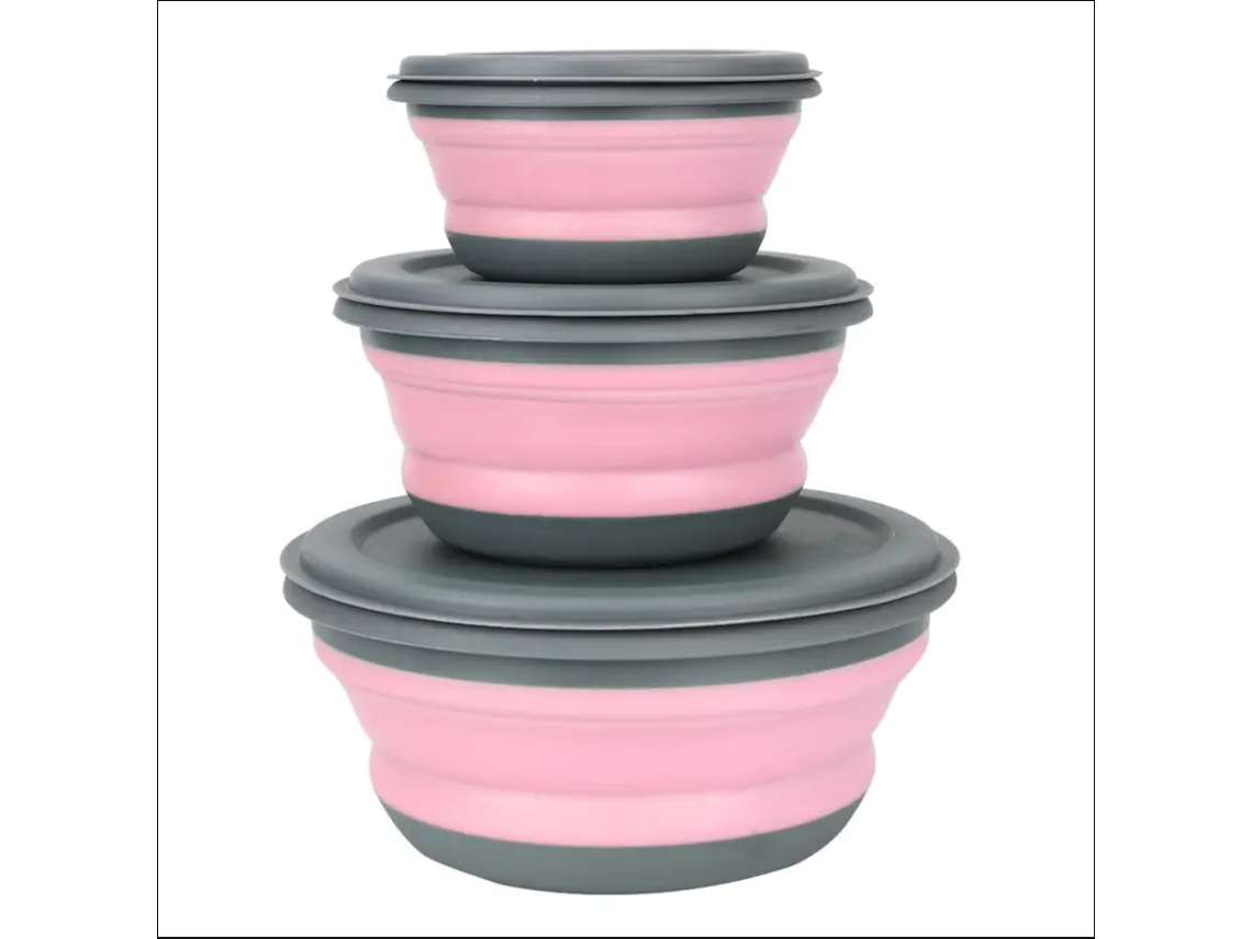 (Rosa) Juego de tres piezas de fiambrera plegable de silicona con tapa, vaso y cuenco plegable.