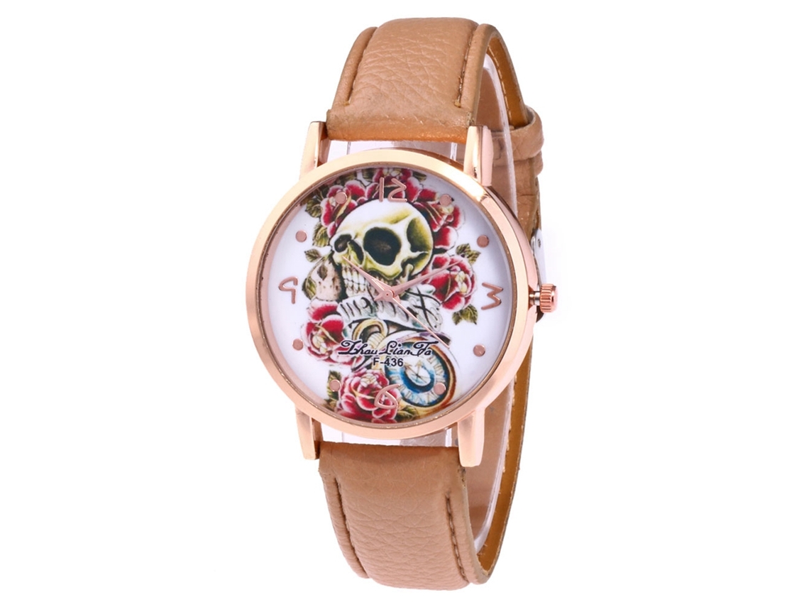 Reloj De Pareja Zhoulianfa, Diseño De Calavera, Correa De Cuero, Cuarzo F-436 Crema
