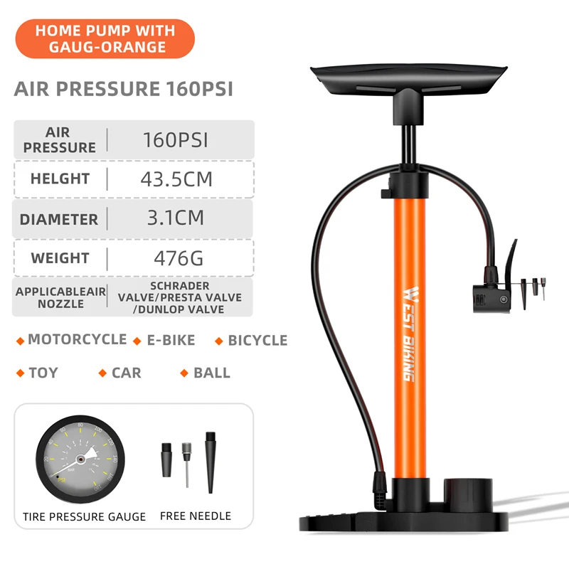 Bomba De Bicicleta Plegable De Alta Presión Accionada Por Pedal Con Manómetro (naranja)
