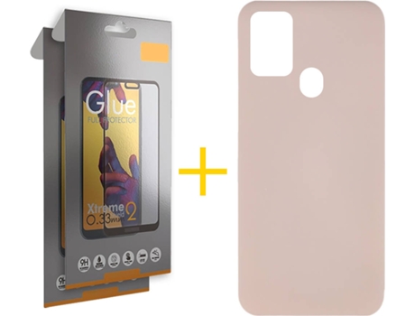 Funda y Protector 2x de Vidrio Full Samsung Galaxy A21s SKYHE Silicona Líquida Rosa Crema