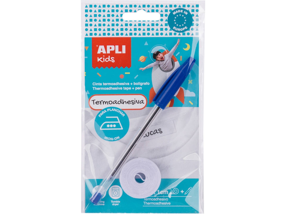 Cinta Termoadhesiva APLI P/marcar de ropa - 1 rollo + 1 bolígrafo (10 mm x 2 m - Blanco)
