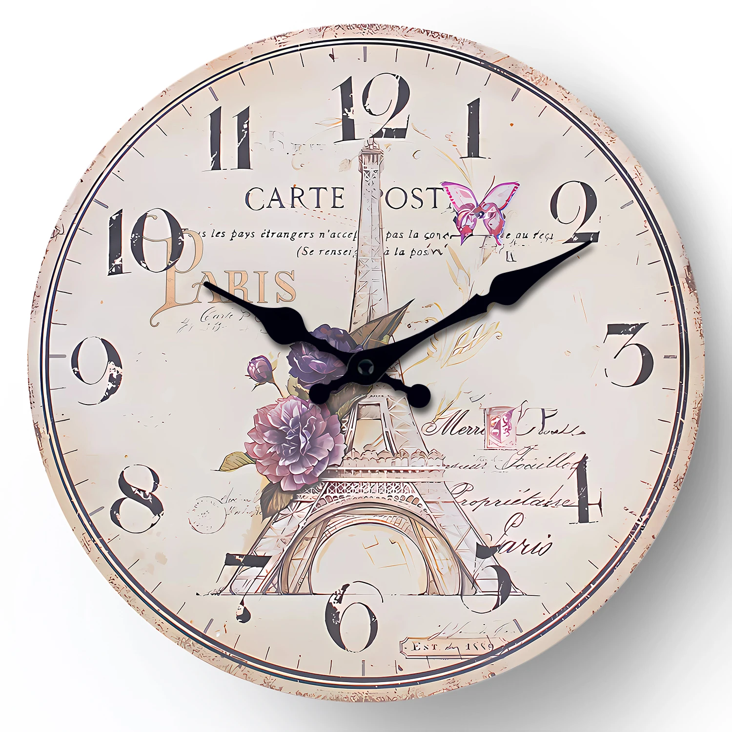 Reloj De Pared De Madera Con Diseño De La Torre Eiffel Francesa (14 Pulgadas), Reloj De Cuarzo Silencioso
