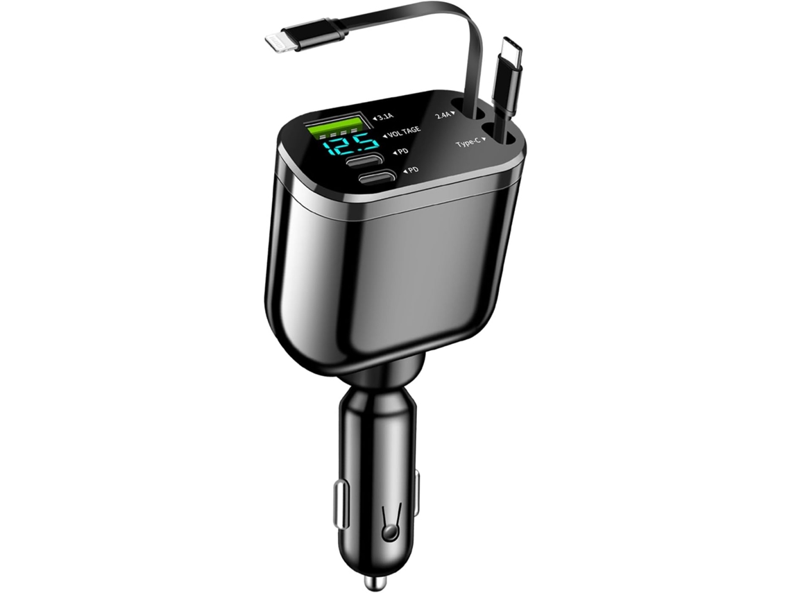 Cargador De Carro Retráctil 82 W 5 En 1 Usb C Rápido Con Cabo De Rollo E Isqueiro De Cigarros
