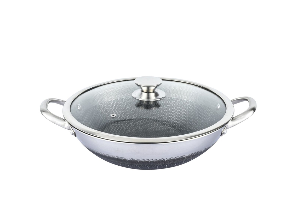 Wok Chefling de 36 cm con revestimiento de panal y tapa resistente a los arañazos, color plata.