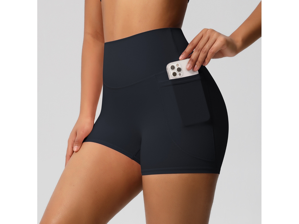 Shorts De Yoga Feminino, Com Bolso Lateral Para Celular, Cintura Alta, Para Yoga E Exercícios Físicos (preto), Tamanho M Czhhmart