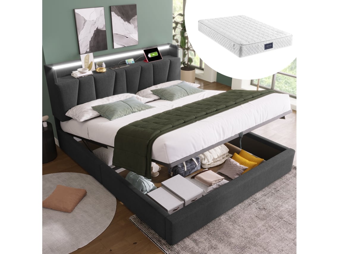 Cama 140x200 Cm Con Almacenamiento, Cabecero, Led, Usb, Somier De Madera, Tapizada Gris, Con Colchón.