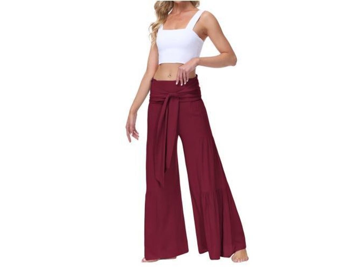 2026-pantalones De Pijama De Pierna Ancha Para Mujer De Cintura Alta Con Correa Atada Para Playa Yoga Y Descanso Xxl Vino Rojo