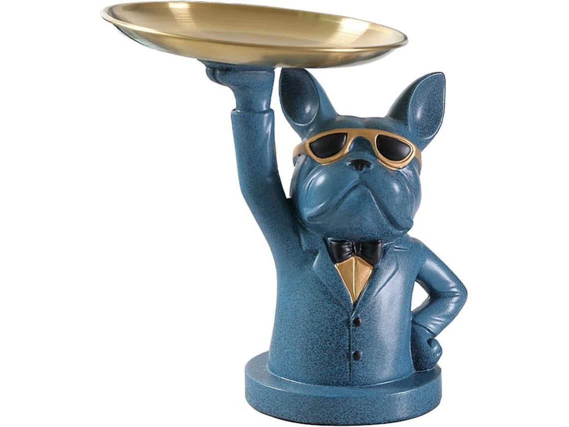 Figura De Bulldog Francés De Vinbcorw Con Bandeja De Acero Inoxidable, Artículo Decorativo De Mesa Azul.