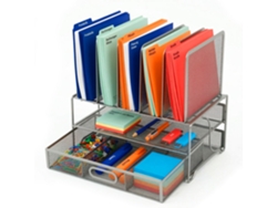 Organizador De Secretária Relaxdays, Suporte Para Pastas Com Gaveta E 6 Divisórias, 36 X 35 X 24,5 Cm, Metal, Prateado