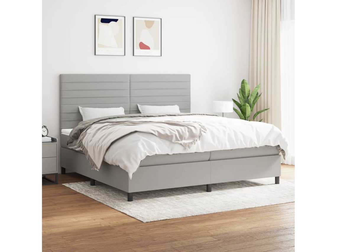 Cama Box Spring Con Colchón Tela Gris Claro 200x200 Cm