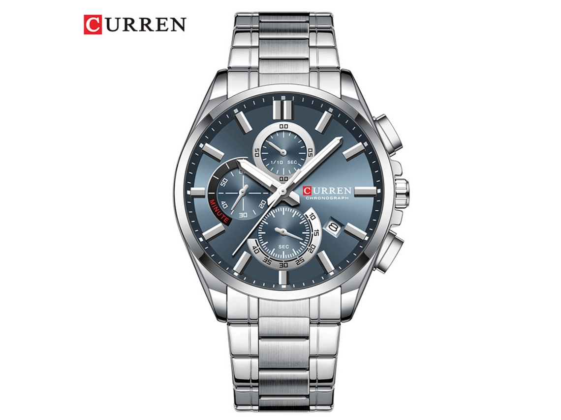 Reloj De Hombre Informal Con Cronógrafo De Seis Agujas, Calendario Y Resistente Al Agua (correa Plateada, Esfera Azul)