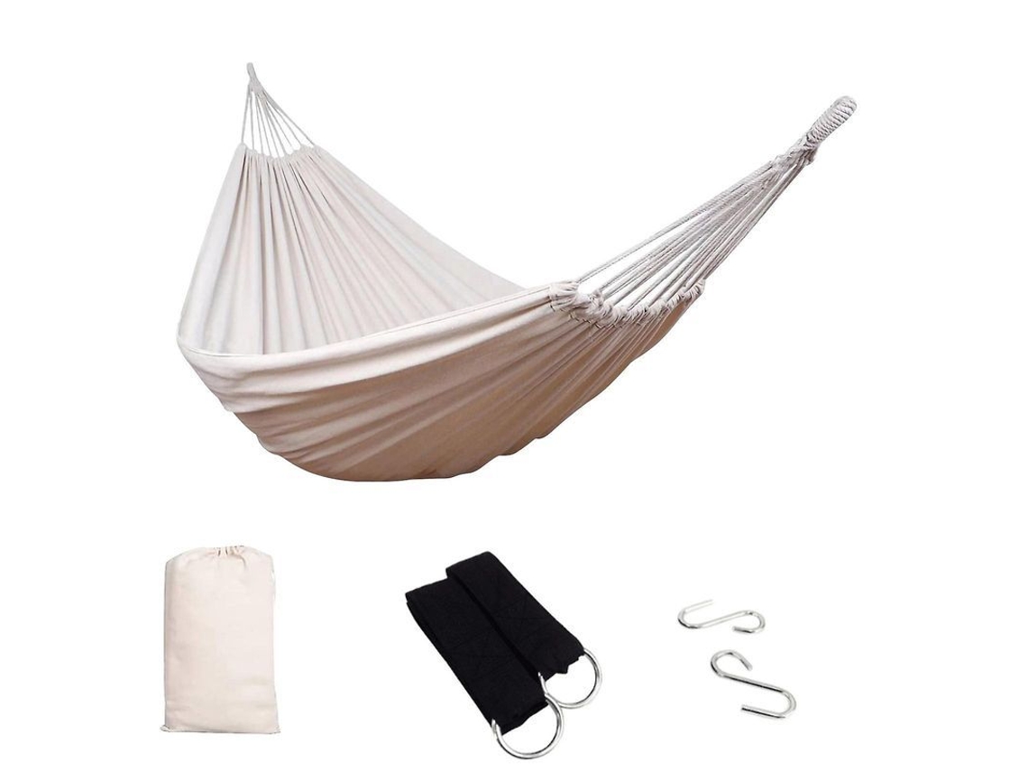 Hamaca doble de camping 2026 para uso en exteriores e interiores, con soportes de acero y bolsa de almacenamiento.