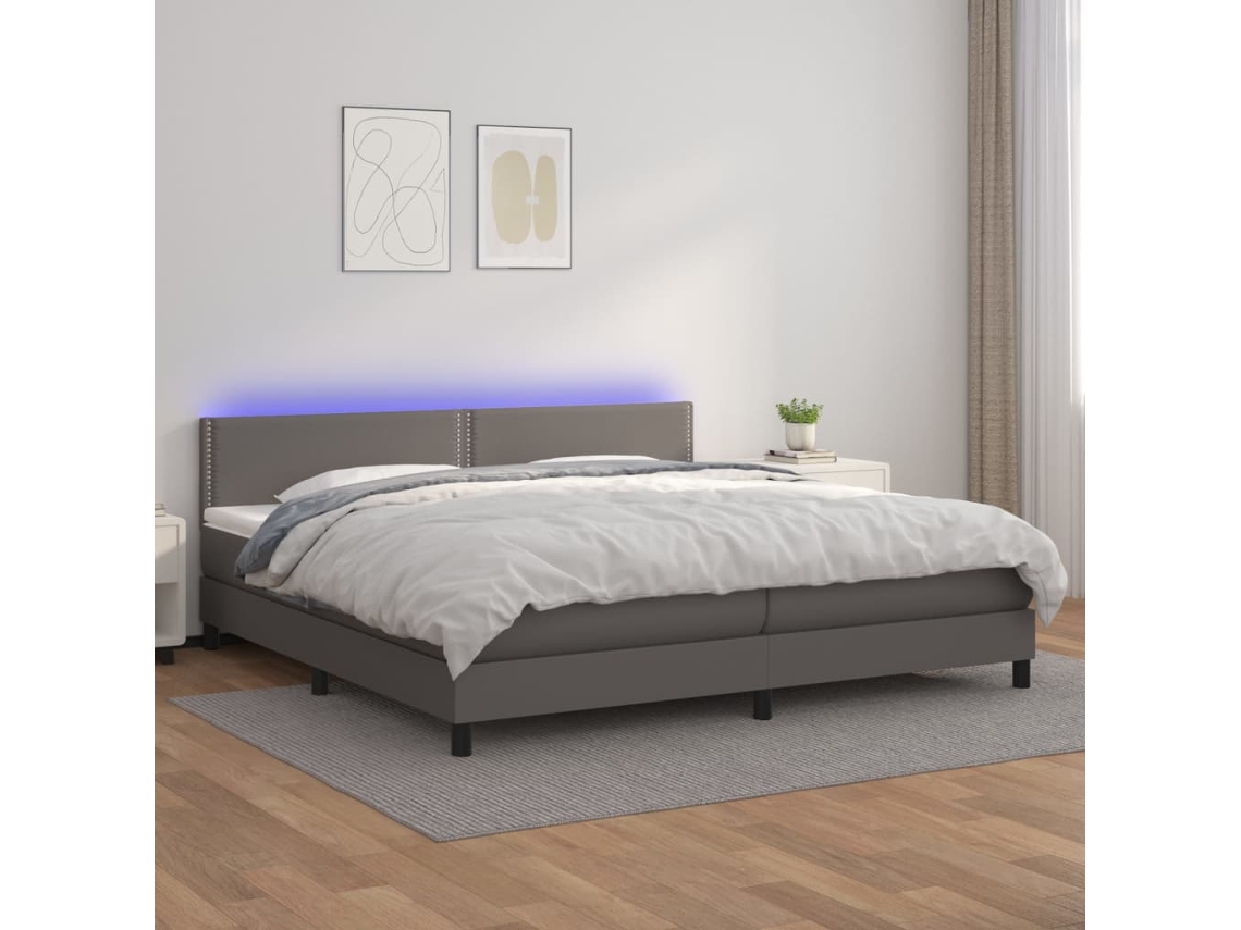 Cama Box Spring Colchón Y Led Cuero Sintético Gris 200x200 Cm