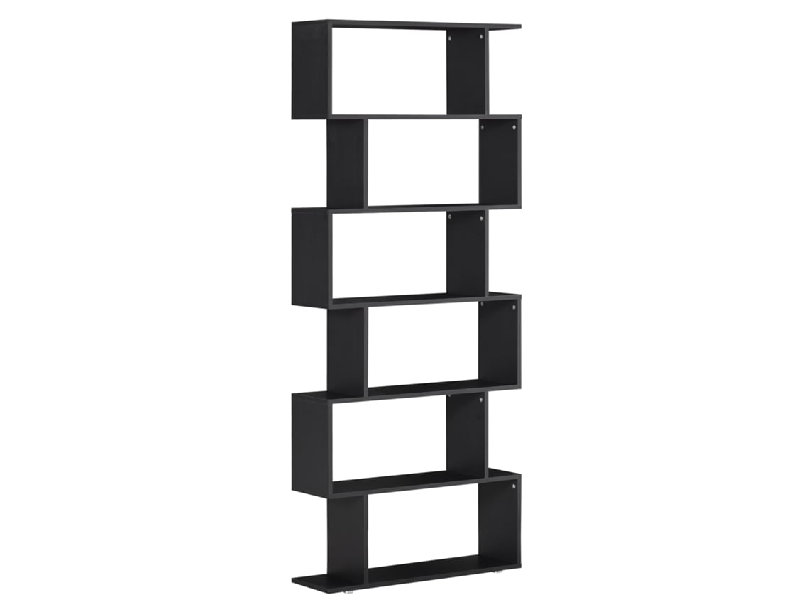 Estantería negra en zigzag de 80x24x191 cm con 6 estantes, estructura moderna para salón y oficina.