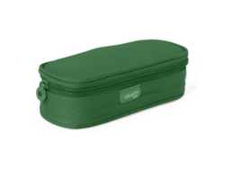 Estuche escolar mega multiusos ovalado con solapa. Caja de oficina verde