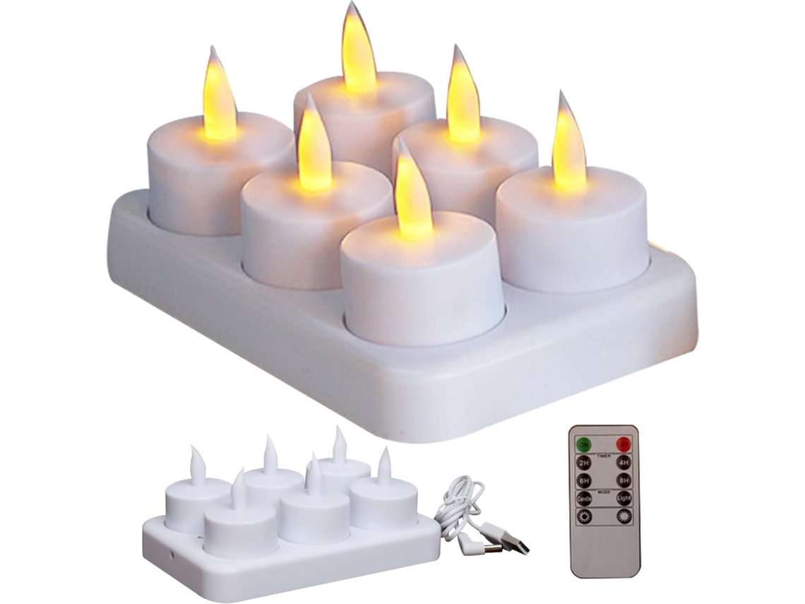 Velas Led Sin Llama Con Base De Carga, Temporizador Y Mando A Distancia, Juego De 6 Unidades.