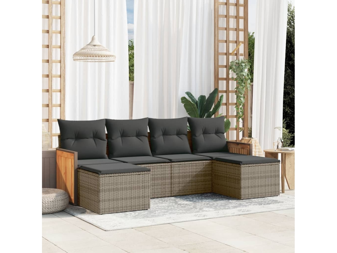 Conjunto de sofá de jardín de 6 piezas con cojines de mimbre gris, Dkd Home Decor