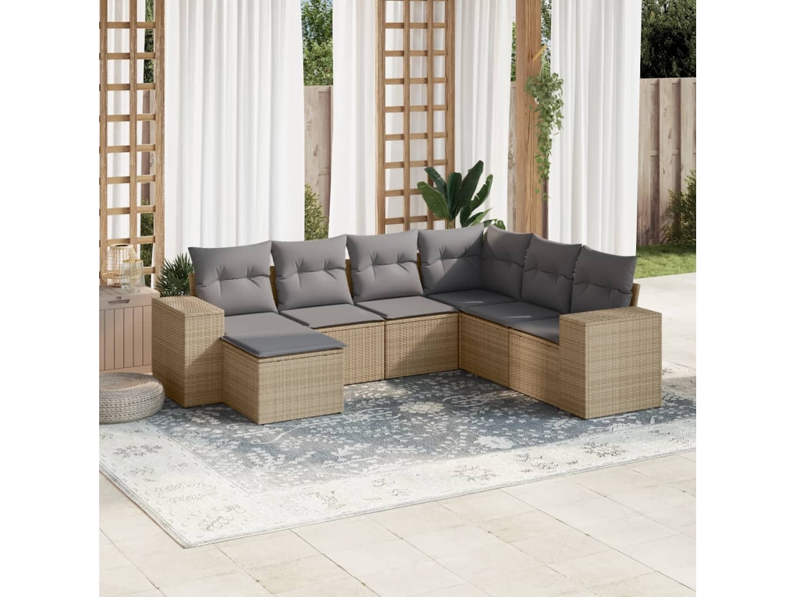 Conjunto de sofá de jardín de 7 piezas con cojines, mimbre sintético beige, Dkd Home Decor