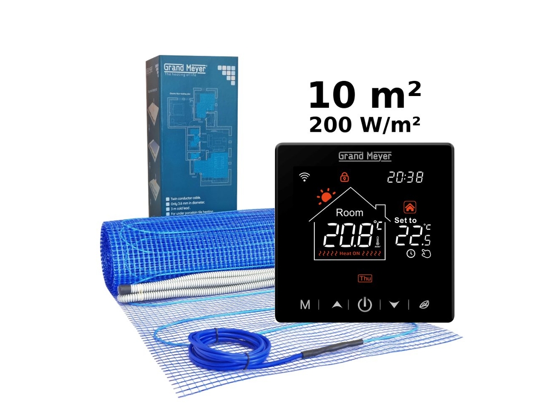 Kit de calefacción eléctrica por suelo radiante de 10 m², 200 W/m² SN 20 con termostato programable Wi-Fi Grand Meyer