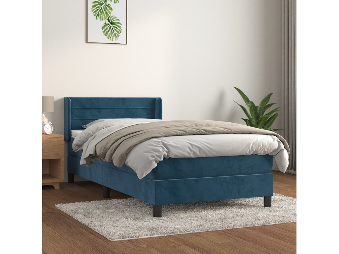 Cama Box Spring Con Colchón Terciopelo Azul Oscuro 100x200 Cm