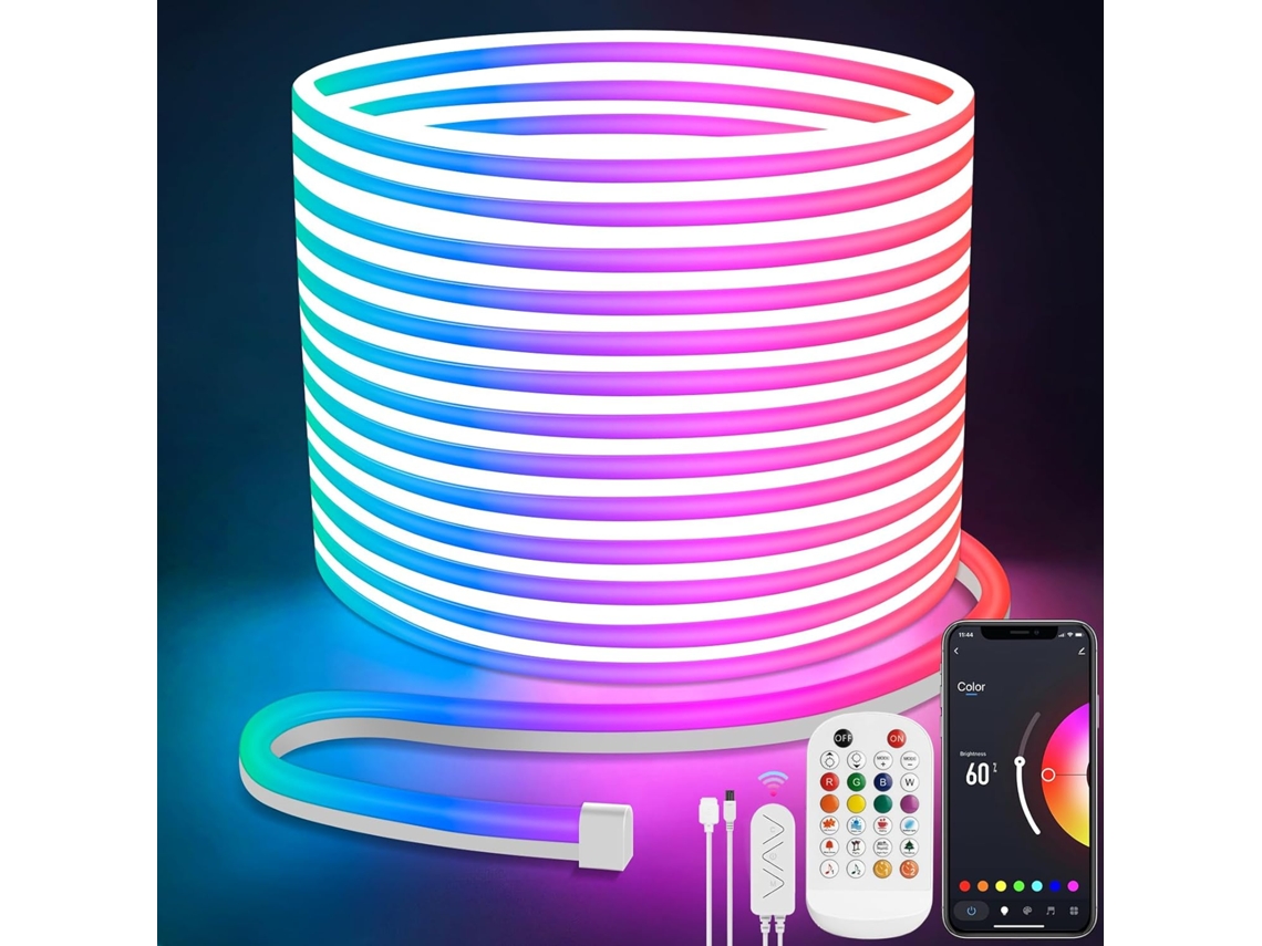 Tira de LED, 10 m, RGB multicolor, tira de LED neón controlada por aplicación, 24 V, flexible e impermeable PRIME KANG