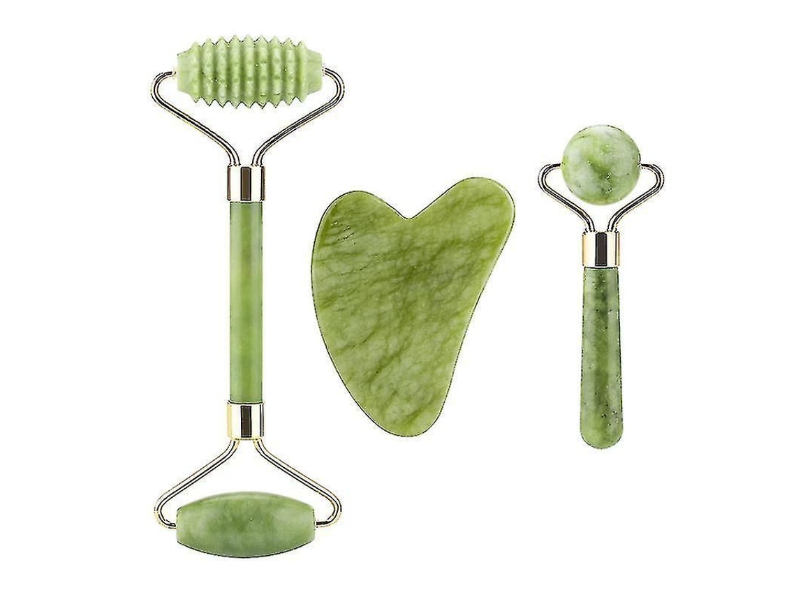 Kit De Rodillo De Masaje Facial 3 En 1 Y Almohadilla De Jade Gua Sha Para Reducir La Hinchazón Y Las Líneas De Expresión.