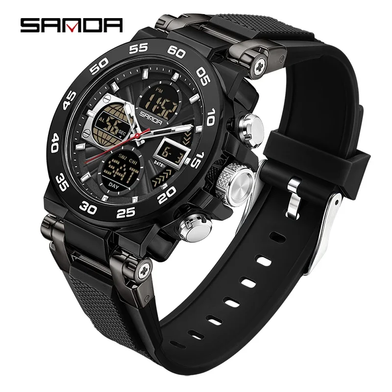 Reloj De Hombre Multifuncional Con Cronógrafo, Alarma Y Doble Pantalla (negro), Resistente Al Agua.