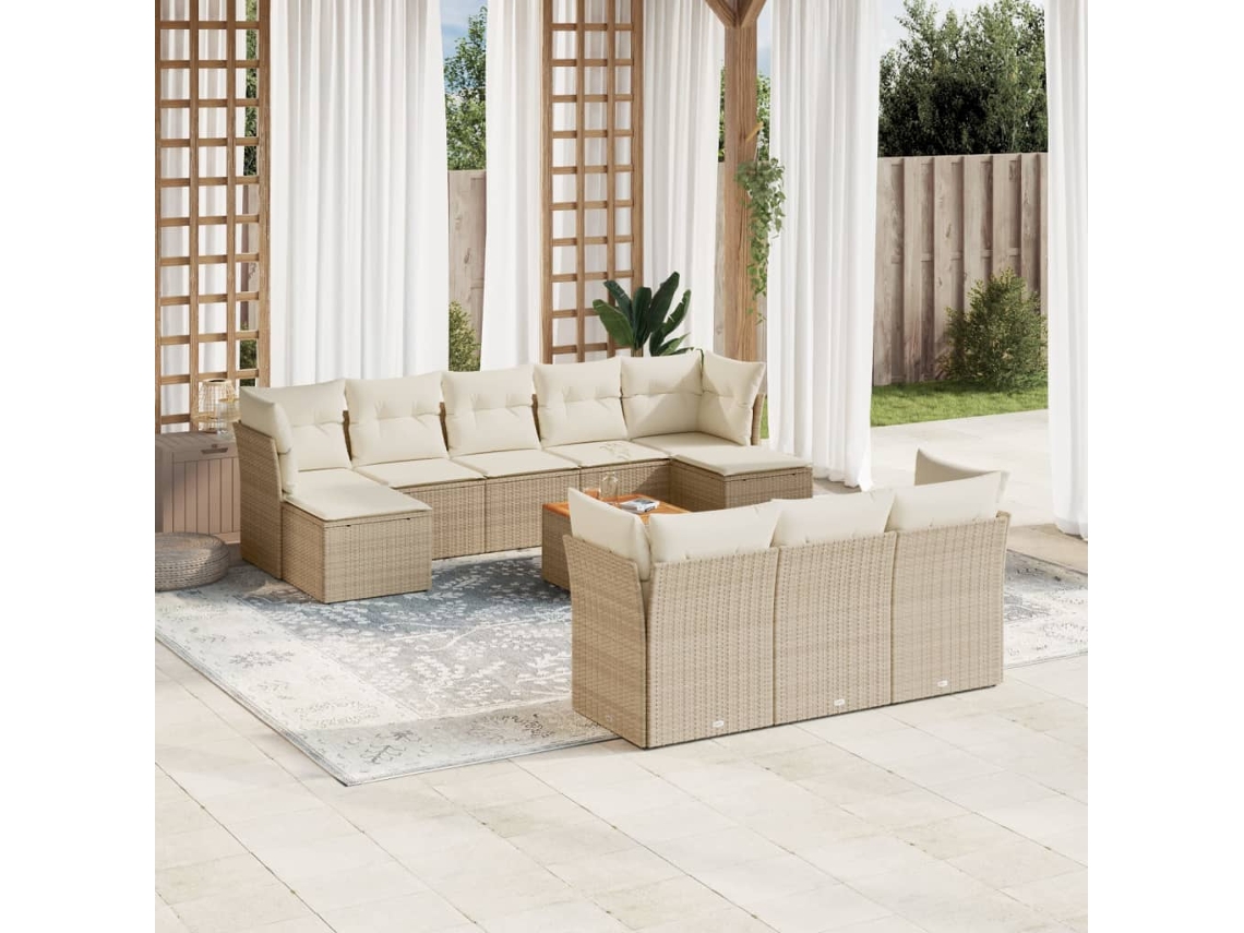 Conjunto de sofá de jardín de 11 piezas con cojines, mimbre sintético beige, DKD Home Decor