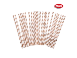 Vasos de papel a rayas oro rosa con palitos para decoración de fiestas de cumpleaños