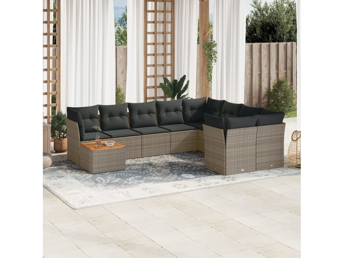 Conjunto de sofá de jardín de 10 piezas con cojines, ratán gris, DKD Home Decor