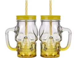 2 tazas de vidrio con pajita y tapa, frasco con tapa transparente, vasos graduados con calaveras