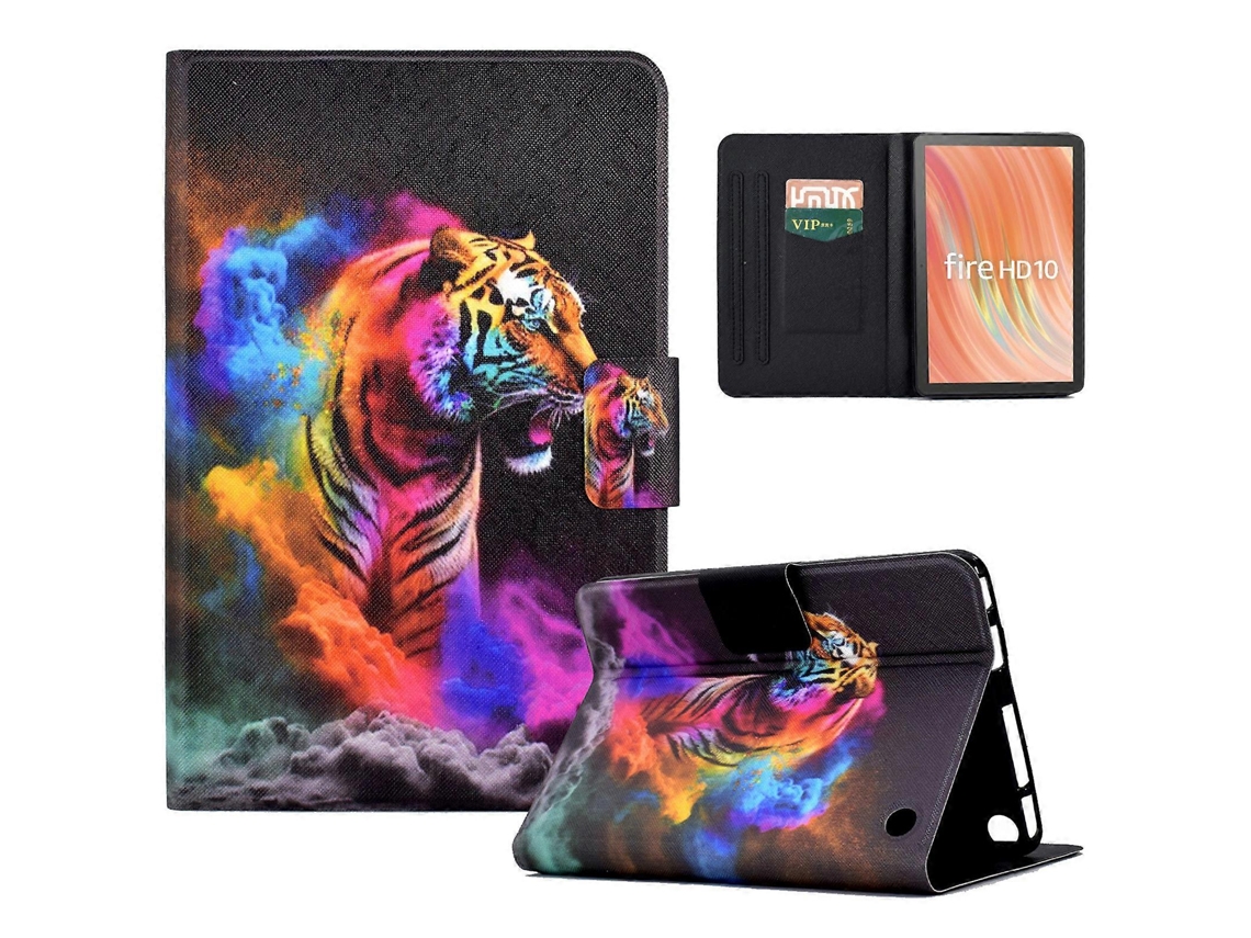 Funda A2 para tableta Amazon Fire HD 10 con estampado de piel sintética y ranuras para tarjetas, diseño de tigre colorido Chennnls (2023)