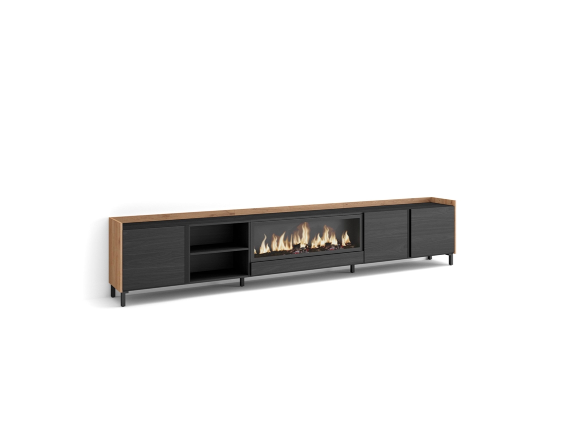 Mueble Tv, Televisión, 315x35x61cm, Para Tv Hasta 80", Chimenea Eléctrica Xxl, Diseño Industrial, Negro Y Roble