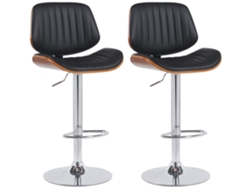 Juego de 2 taburetes de bar de estilo retro moderno con asiento de PVC negro, madera de nogal y estructura metálica cromada 10_0006349