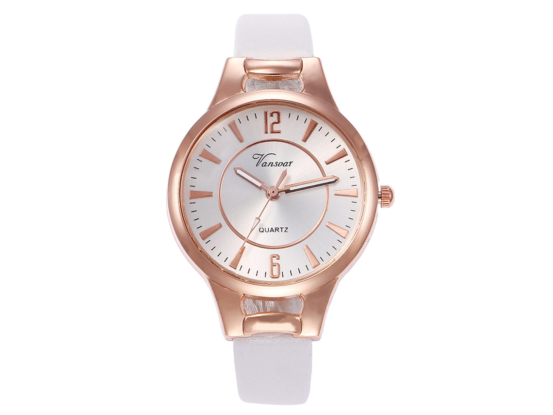 Reloj De Pulsera Vansvar V406 Slim Para Mujer Con Correa De Pu, Diseño De Cuarzo, Estilo Casual, Blanco.