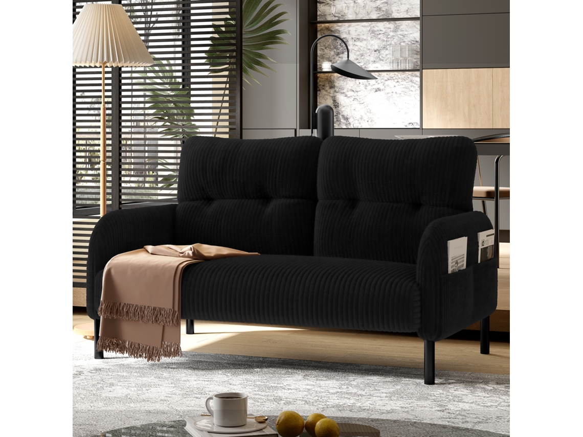 Sofá 2 Plazas - Confortable Acolchado, Respaldo Alto, Bolsillos Laterales, Pies Metálicos - Negro