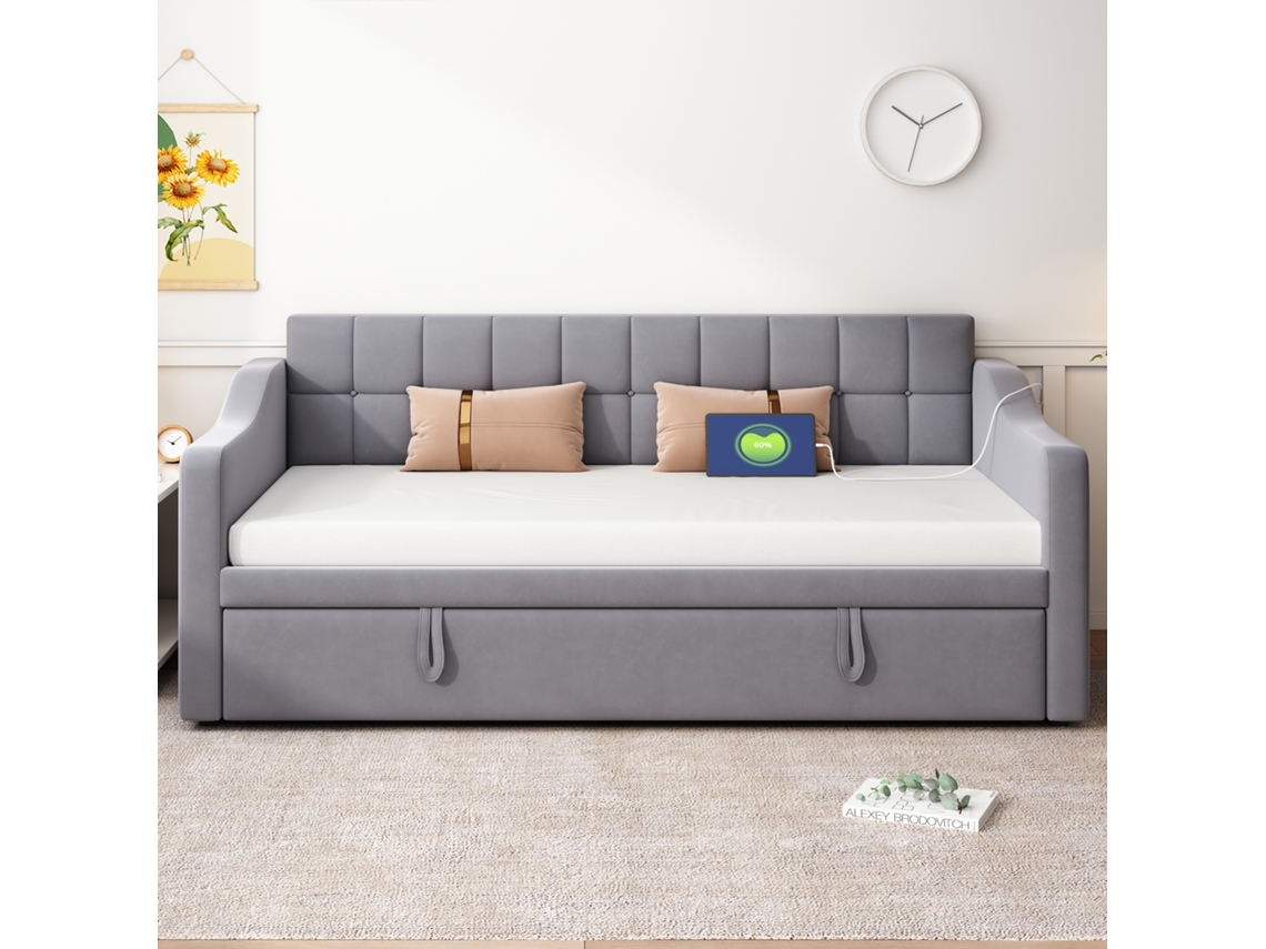 Sofá cama 2 en 1 90/180 cm Cama multifuncional con enchufe y almacenaje integrado Gris Mobrio