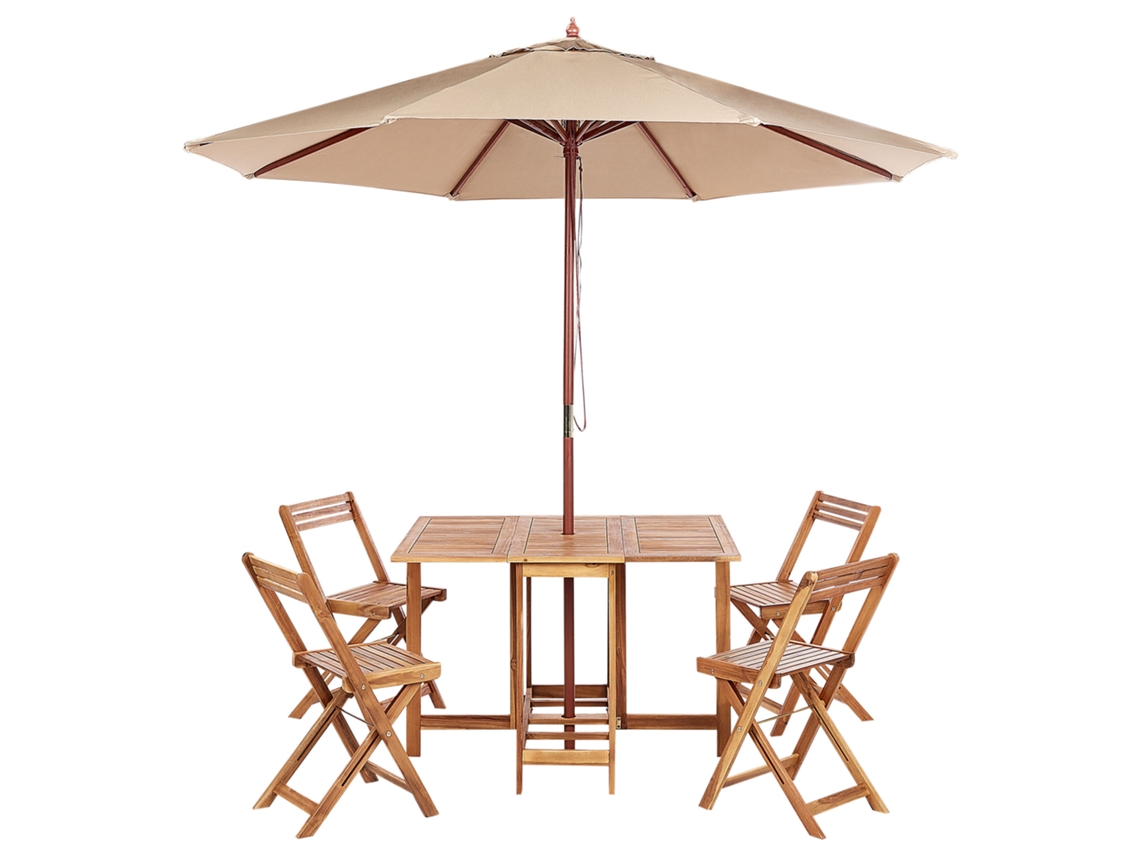 Mesa con Sillas y Sombrilla BELIANI Frassine de Madera de Acacia Marrón Claro 130X90X74