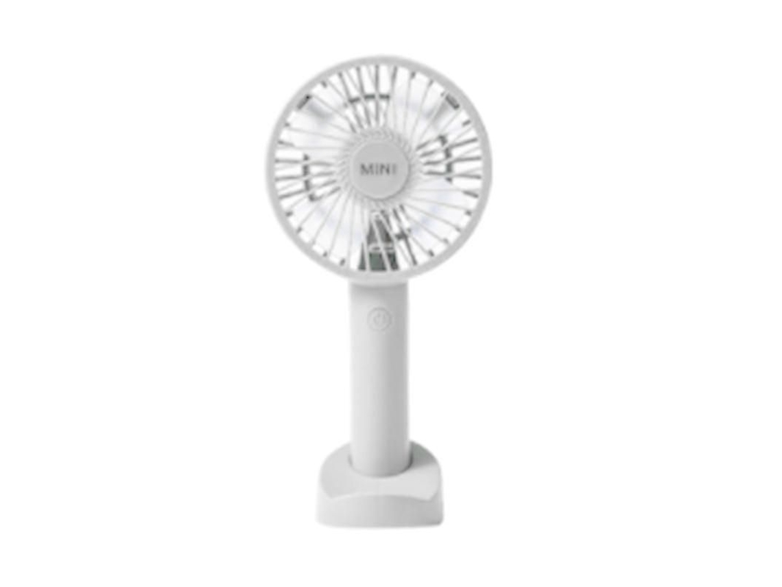 Ventilador portátil de 1200 mAh (sin marca), con base USB, tamaño graduado.