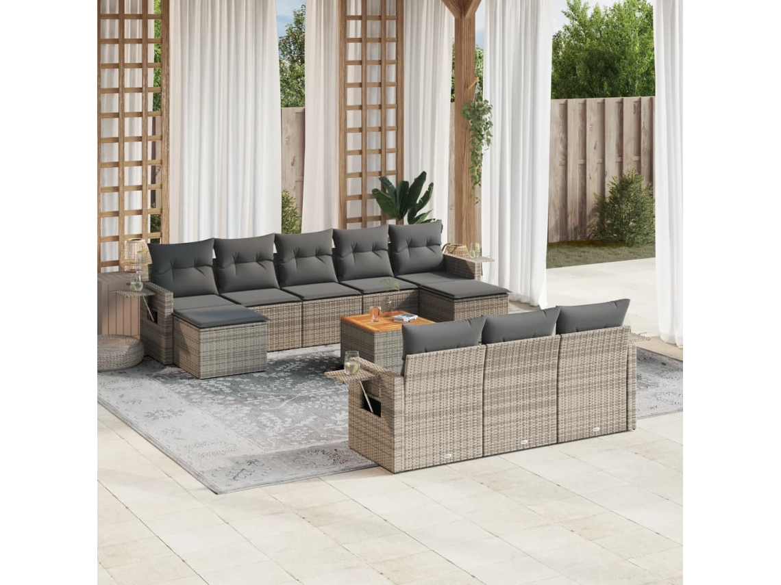 Conjunto de sofá de jardín de 11 piezas con cojines, ratán gris, DKD Home Decor